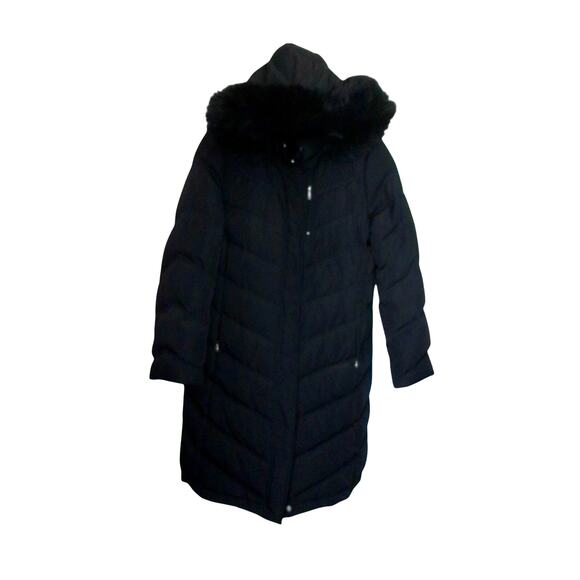 Calvin Klein Long Black Puffer Jacket Duck Down Coat Parka Fur Hooded Size XL - Picture 1 of 10